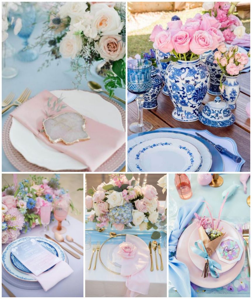 Svatební tabule prostřená v barvách růžové a modré