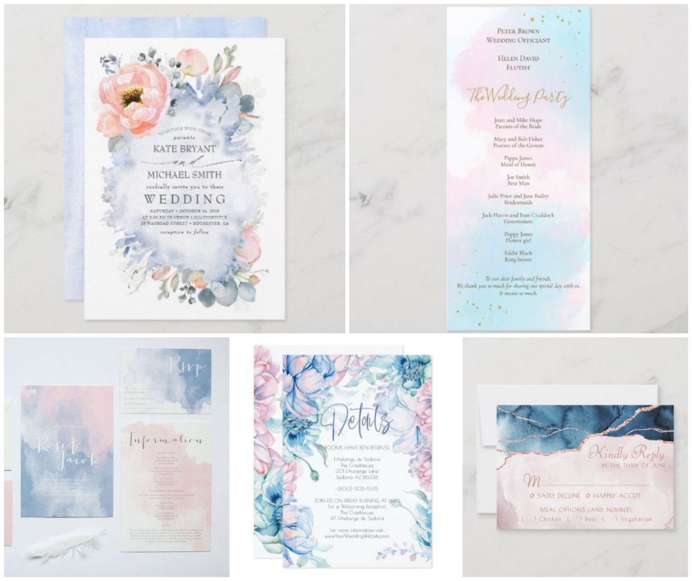 Růžové a modré svatební pozvánky, svatební tiskoviny