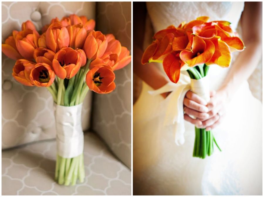 Oranžové svatební kytice, oranžové tulipány, oranžové kaly