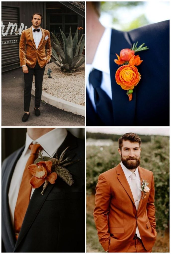 Ženich v oranžovém obleku, ženich s oranžovými detaily, oranžová kravata, oranžová korsáž